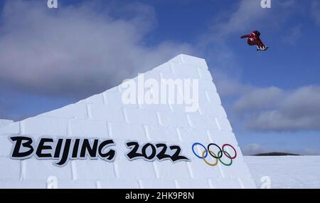 Zhangjiakou, China. 03rd Feb, 2022. Canada's Laurie Blouin completes a training run on the Snowboarding Slopestyle course at Genting Snow Park before the start of the 2022 Winter Olympics in Zhangjiakou, China on Thursday, February 3, 2022. Photo by Bob Strong/UPI Credit: UPI/Alamy Live News Stock Photo