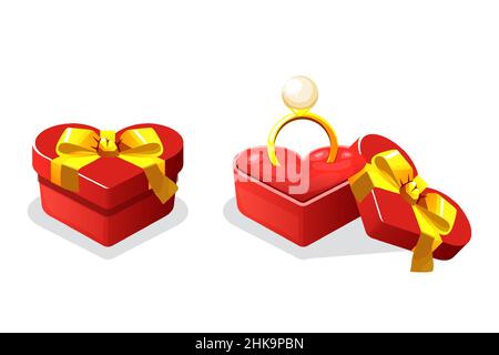 Open and closed heart shaped box with golden ring with diamond. Stock Vector