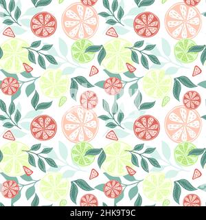 Citrus fruits seamless pattern. Summer texture lemons, limes, oranges and branches. Colorful tropical background. Repeated ornament for fabric, wrappi Stock Vector