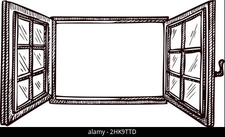 Opened window sketch isolated. Retro element inside wall in hand drawn style. Engraved design for poster, print, book illustration, logo, icon, tattoo Stock Vector