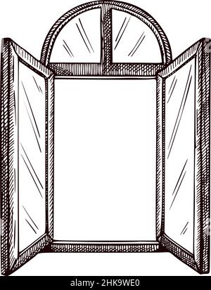 Opened window arch sketch isolated. Retro element inside wall in hand drawn style. Engraved design for poster, print, book illustration, logo, icon, t Stock Vector