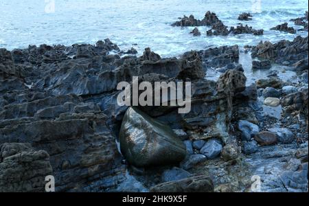 Green dolerite erratic carried on Irish Sea Glacier from Preseli to Mumbles c 19000 years ago. Stone such as this was used to construct Stonehenge. Stock Photo