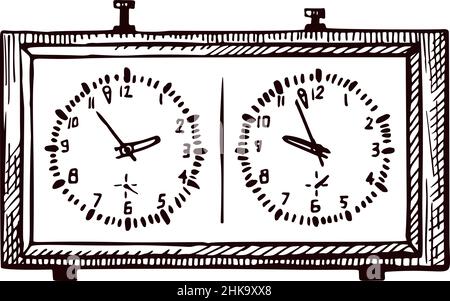 Chess clock sketch isolated. Retro element for intellectual game in hand drawn style. Engraved design for poster, print, book illustration, logo, icon Stock Vector