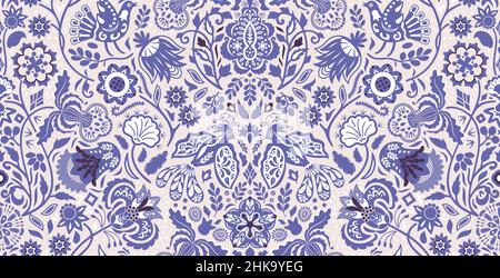 This design inspired by the folksy stylized flowers and cute fancy birds in a summer garden celebrating spritely joyous violet-blue shade – Very Peri. Stock Vector