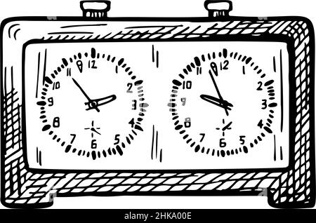Chess clock sketch isolated. Retro watch for chess game in hand drawn style. Engraved design for poster, print, book illustration, logo, icon, tattoo. Stock Vector