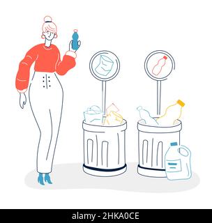 Waste sorting - modern flat design style illustration with line elements. A colorful composition with girl with a plastic bottle in her hand. Two wast Stock Vector