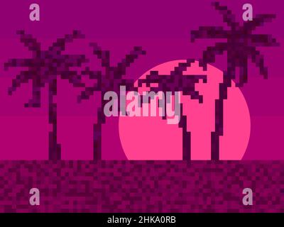 Pixelated palm trees at sunset in 80s style. 8-bit red sunset with palm trees in synthwave and retrowave style. Retro 8-bit video game. Stock Vector