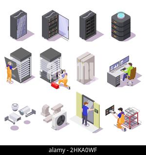 Data center isometric icon set, vector isolated illustration. Computer network equipment, server racks and staff. Stock Vector