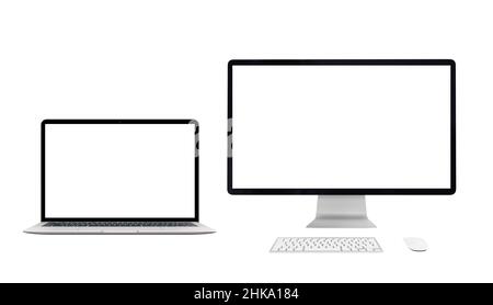 Laptop and computer display isolated in white with blank screen for mockupp, design promotion Stock Photo