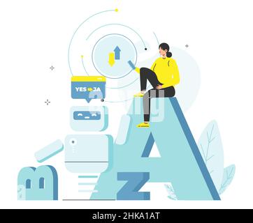 Woman using AI chatbot translator, flat vector illustration. Artificial intelligence foreign languages translation, online support. Stock Vector