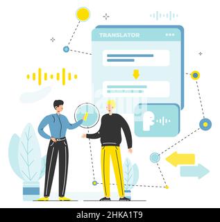 People speaking different languages talking to each other using real time voice translator on smartphone, flat vector illustration. Live or real time Stock Vector