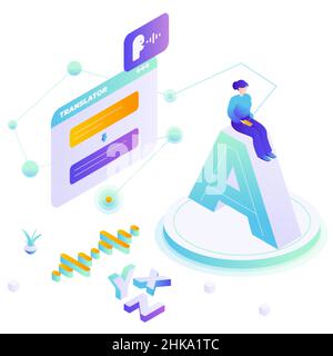 Online voice translator. Speech translation app for communication, learning foreign languages, vector illustration. Stock Vector