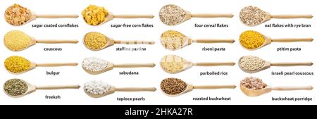 set of various precooked grains with names in wood spoons isolated on white background Stock Photo