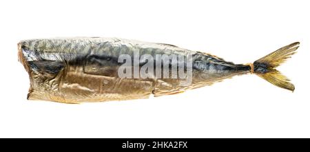hot smoked headless mackerel isolated on white background Stock Photo