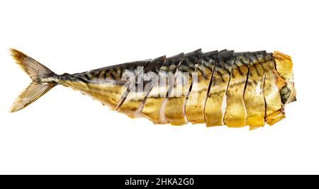 cold smoked headless mackerel cut into pieces isolated on white background Stock Photo