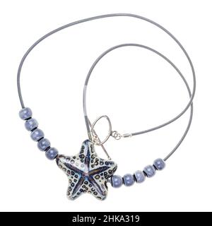 handcrafted necklace made of handmade ceramic stars and beads on leather laceisolated on white backhround Stock Photo