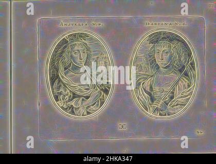 Inspired by Portraits of two unknown women, both as shepherdesses, Amstelia N.P., Dariana N.S., Les vrais pourtraits de quelques unes des plus grandes dames de la chrestiente desguisees en bergeres., Two representations on an album leaf. On the left the portrait of an unknown woman as Amstelia N.P, Reimagined by Artotop. Classic art reinvented with a modern twist. Design of warm cheerful glowing of brightness and light ray radiance. Photography inspired by surrealism and futurism, embracing dynamic energy of modern technology, movement, speed and revolutionize culture Stock Photo