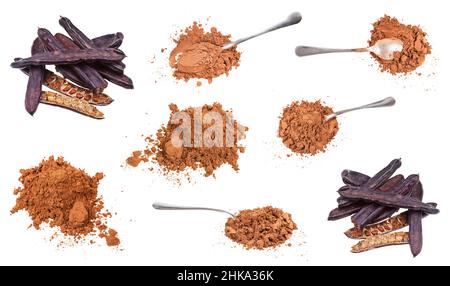 set of pods and ground carob isolated on white background Stock Photo