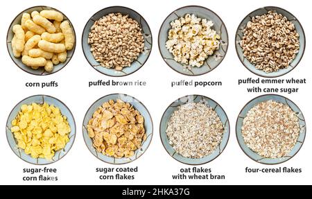 set of various precooked grains in blue round bowls with names isolated on white background Stock Photo