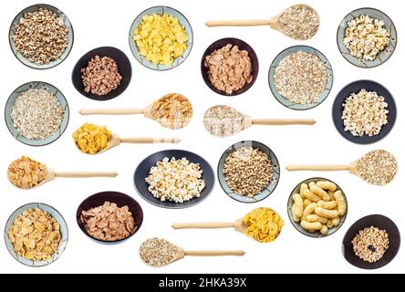 set of various dry cereals isolated on white background Stock Photo