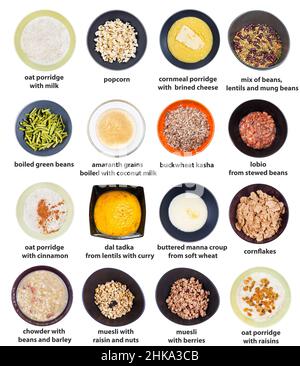 set of top view of various cooked grains in bowls with names isolated on white background Stock Photo