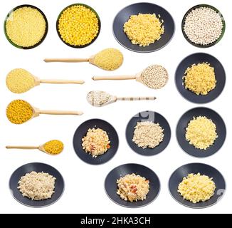 set of various cooked and raw couscous grains isolated on white background Stock Photo