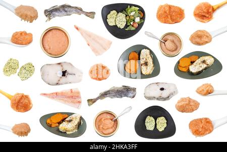 set of various foods from cod fishes isolated on white background Stock Photo