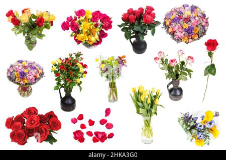 set of various bouquet of flowers isolated on white background Stock Photo