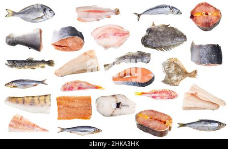 set of various frozen fishes and steaks isolated on white background Stock Photo