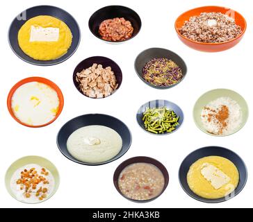 set of different cooked groats isolated on white background Stock Photo