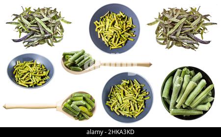 set of various green beans isolated on white background Stock Photo