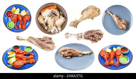 set of various boiled chicken and turkey legs isolated on white background Stock Photo