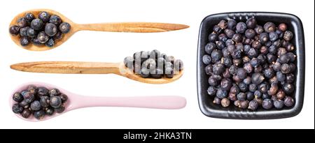 set of various dried juniper berries isolated on white background Stock Photo