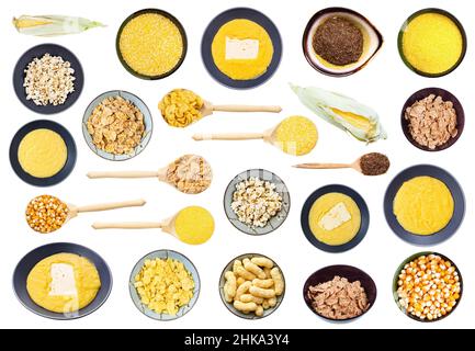 set of various cooked and raw maize corns isolated on white background Stock Photo
