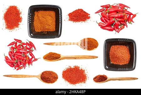 set of various paprika powder isolated on white background Stock Photo