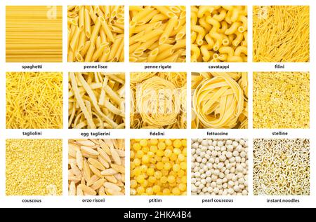 set of square food background - various wheat pasta and noodles with names close up Stock Photo