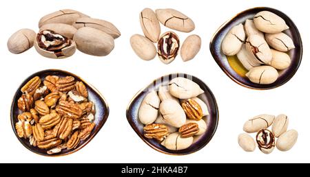 set of various pecan nuts isolated on white background Stock Photo