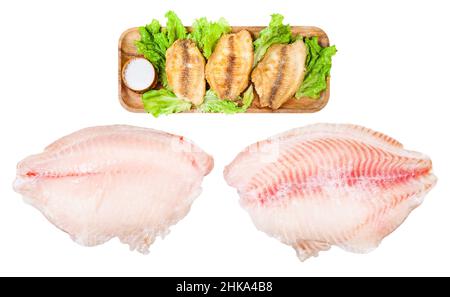 set of frozen and fried fillet of ocean perch fish isolated on white background Stock Photo