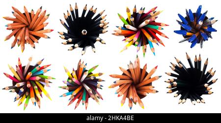 set of top views of various pen and pencils in round holders isolated on white background Stock Photo