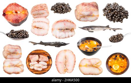 set of various cooked and raw foods from sturgeon fishes isolated on white background Stock Photo