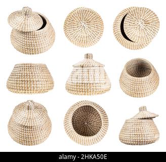 set of moroccan wicker baskets from seagrass isolated on white background Stock Photo