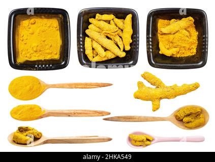 set of various Turmeric (Curcuma) powder and roots isolated on white background Stock Photo