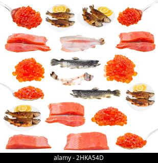 set of various cooked and raw trout fishes isolated on white background Stock Photo