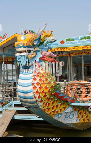 Colourful painted tourist dragon boat on the Perfume River (Song Huong / Huong Giang River) in Hue, Thua Thien Hue province, central Vietnam Stock Photo