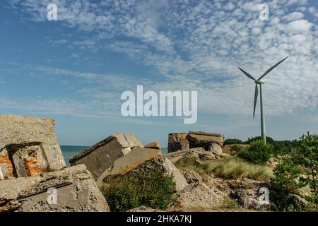 Ruins of fortifications and windmill in area of Karosta and Liepaja,Latvia.Military territory during years of Soviet occupation on coast of Baltic Sea Stock Photo