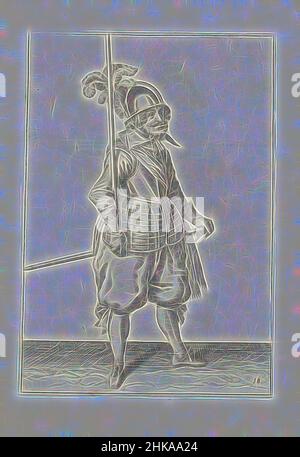 Inspired by Soldier carrying his spear vertically in his right hand (no. 18), c. 1600, A soldier, full-length, holding a spear (lance) vertically in his right hand leaning against his right arm (no. 18), c. 1600. Plate 18 in the instructions for handling the spear: Corte onderwysinghe op de, Reimagined by Artotop. Classic art reinvented with a modern twist. Design of warm cheerful glowing of brightness and light ray radiance. Photography inspired by surrealism and futurism, embracing dynamic energy of modern technology, movement, speed and revolutionize culture Stock Photo