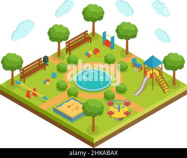 Isometric kid playground with fountain, vector illustration Stock Vector