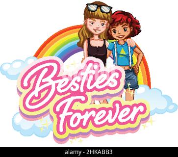 Bestie forever logo with two girls cartoon character illustration Stock Vector