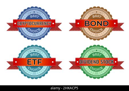 Set of Stock market stamps – Cryptocurrency, Bond, ETF (exchange traded fund), Dividend stock with words Best choice in blue, cyan, green, brown color Stock Vector