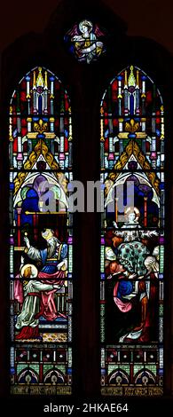 Stained glass window Pakenham church, Suffolk, England, UK c 1877 looks Heaton, Butler and Baynes, Jesus in Temple Stock Photo